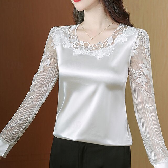 Women's Shirt Elegant Satin Top Blouse Ruched Lace