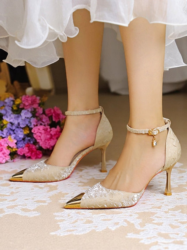 with Beige Women's Pointed Toe Gold Heels Satin and Accents