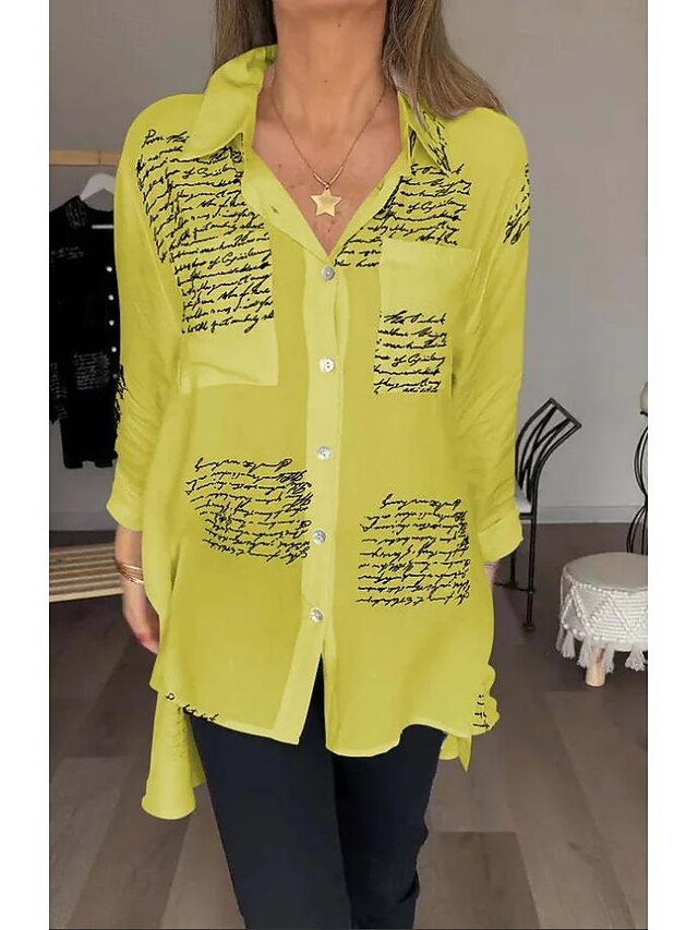 Women's Shirt Blouse Fashion Letter Buttons Pocket Print