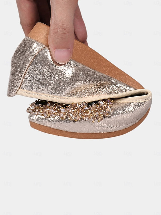 Foldable Rhinestone Flats Ballet with Black Women's
