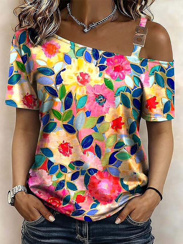 Women's T Shirt Tee Top Print Asymmetrical Floral Graphic