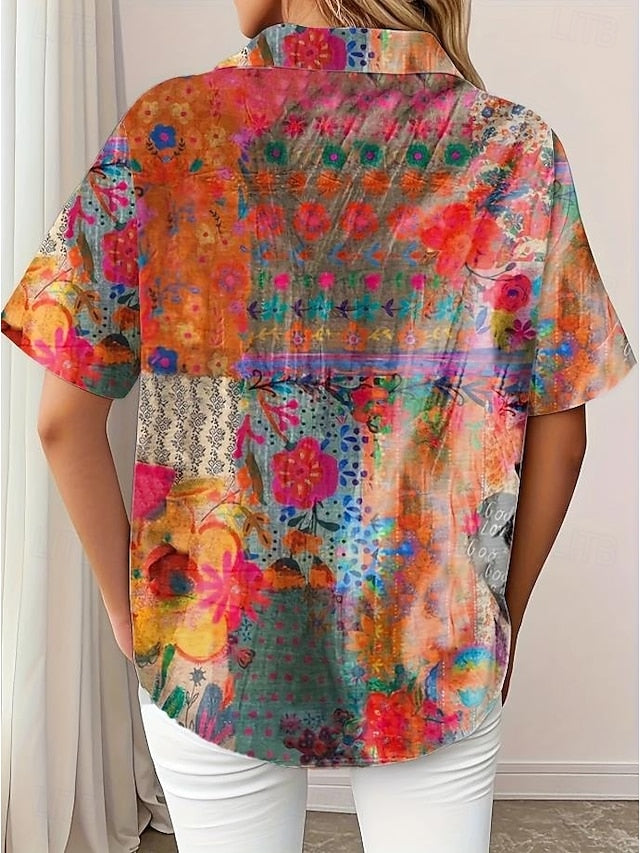 Women's Shirt Long Sleeve Button Down Blouse Floral Graphic