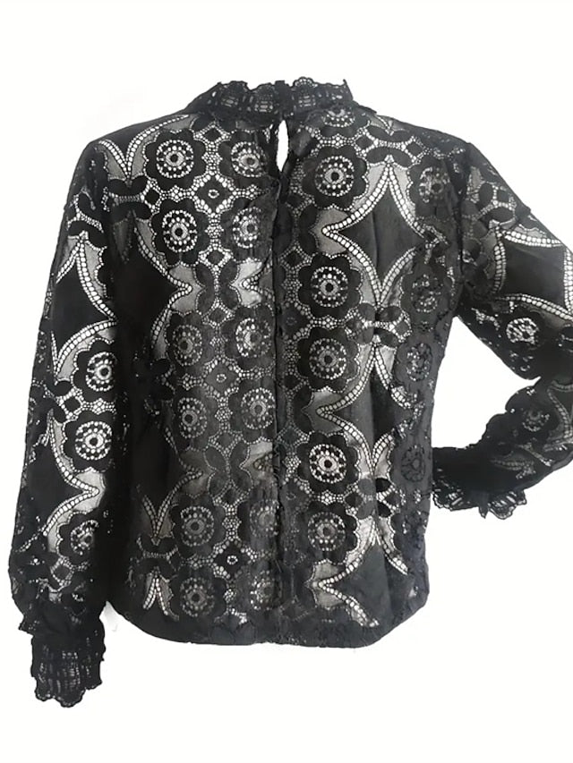 Women's Shirt Blouse Black White Plain See Through Long