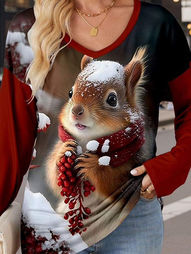 Women's T Shirt Casual Print Long Sleeve Regular Tops V