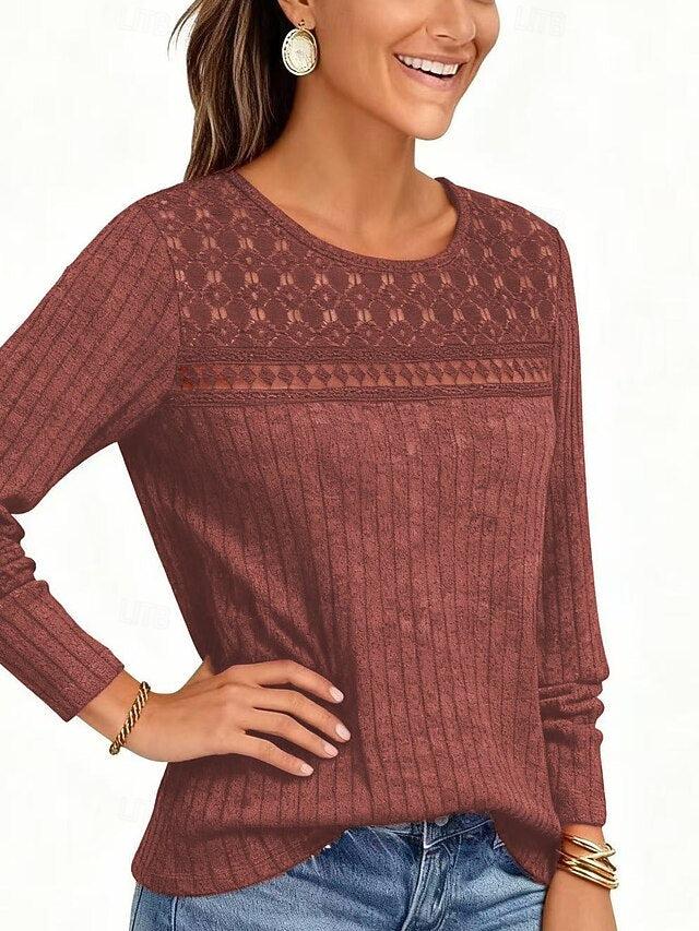 Women's Ribbed Knit Tops T Shirt Eyelet Vintage Casual Long