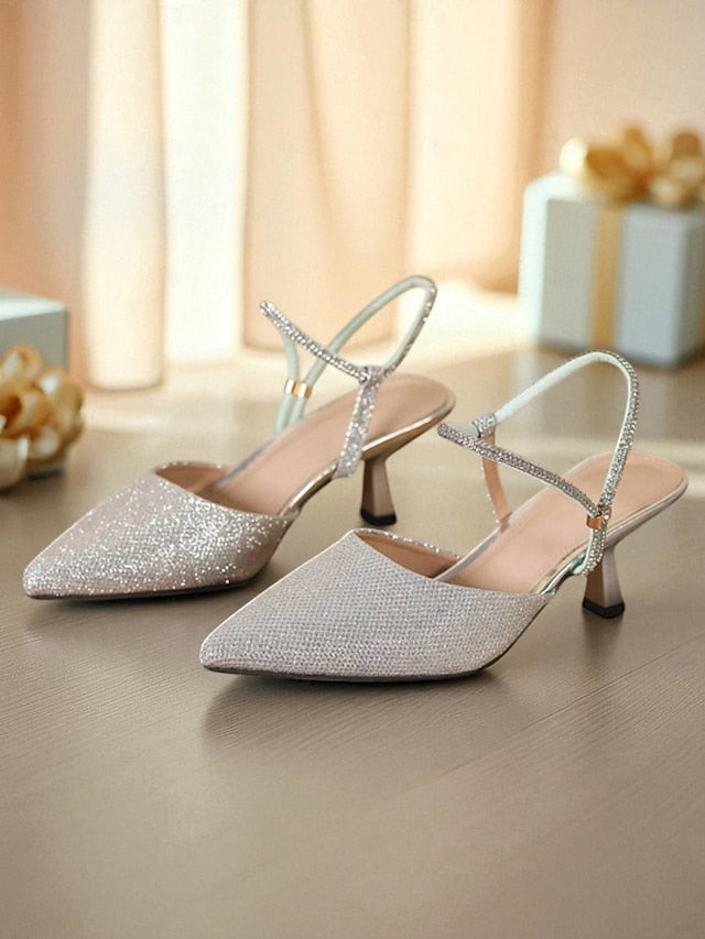 Heels Pointed Glitter with Silver Toe Slingback Women's