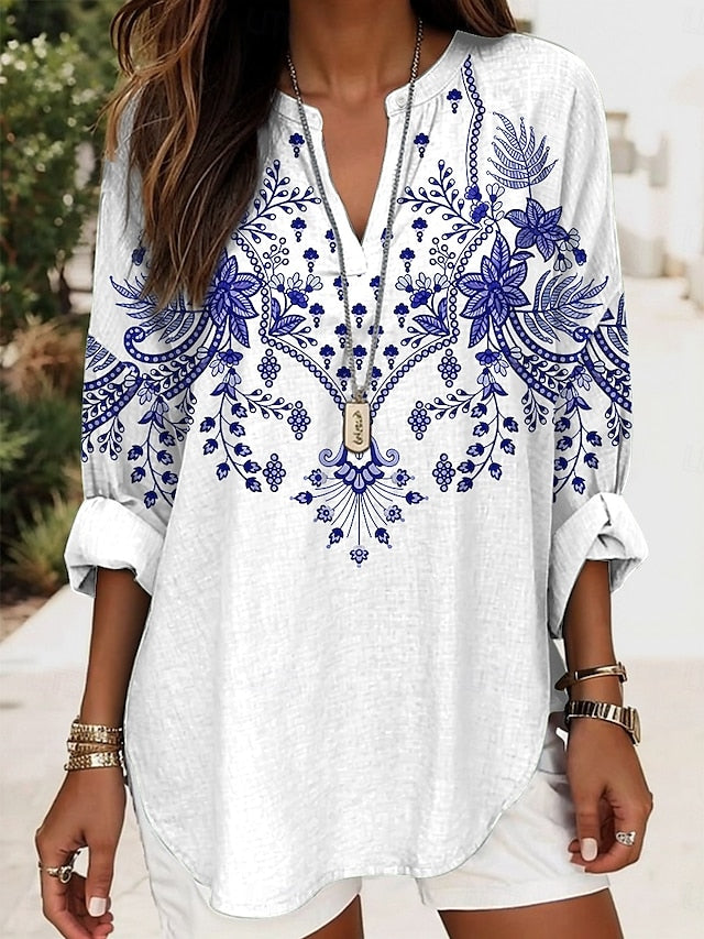 Women's Blouse Linen Like Breathable Lightweight Tunic V