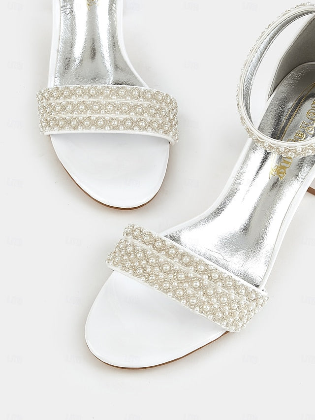 Ivory Strap Ankle Pearl-Embellished Heels for with Open-Toe