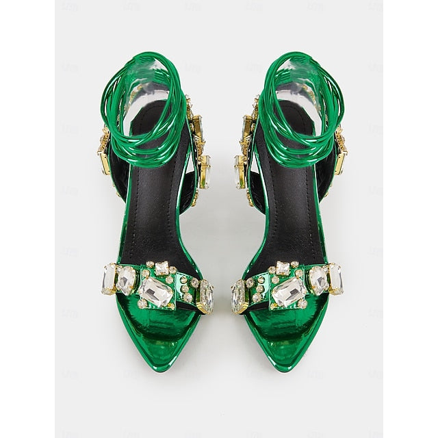 Women's Metallic with Stiletto Lace-Up Green Heels