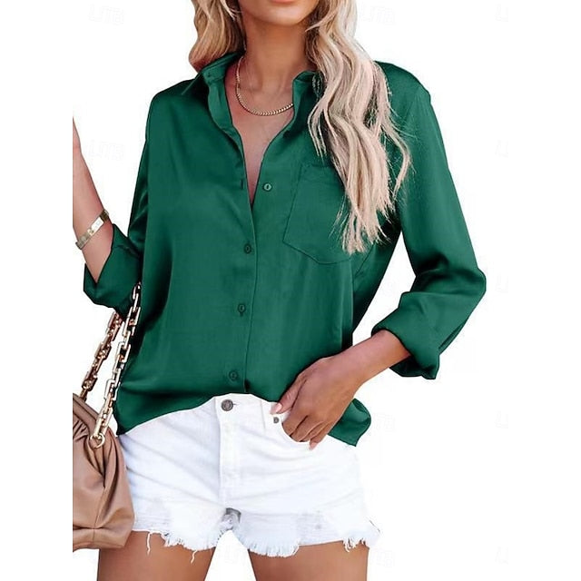 Women's Satin Shirt Casual Shirt Blouse Pocket Buttons