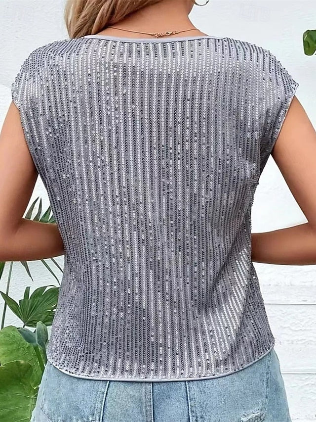 Women's T Shirt Summer Tops Sequins Patchwork Solid Color