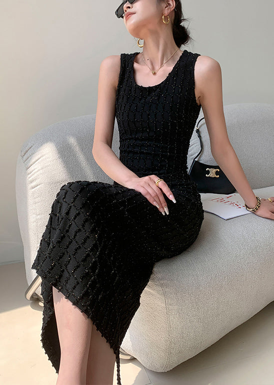 New Black O Neck High Waist Cotton Long Dress Sleeveless EE063
