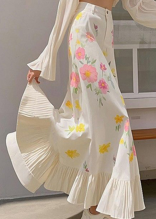 Jupes de printemps en coton rose à taille haute, imprimées et froissées