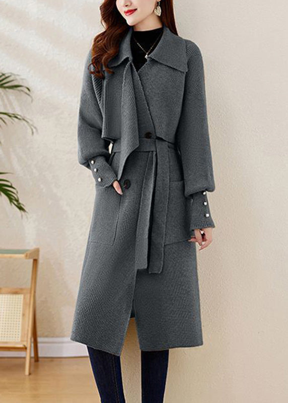 Eleganter grauer Peter-Pan-Kragen mit Taillenbund, Strickmantel für den Winter, WD028