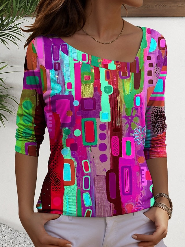 Women's T Shirt Print Graphic Geometric Casual Long Sleeve