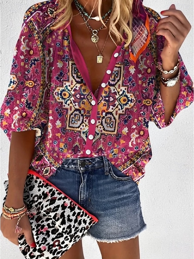 Women's Blouse Buttons Print Graphic Stylish Casual 3/4