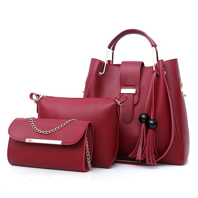Tote Pink Leather - Handbag Faux Women's Set 3-Piece