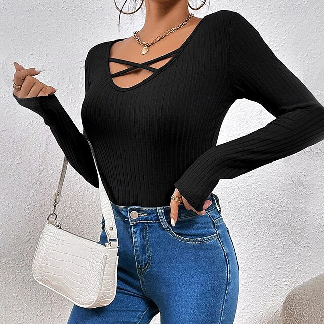 Women's Petite Ribbed Knit Tops Cut Out Cross Fashion Sexy