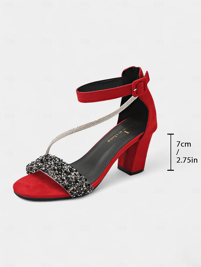 Women's Ankle Block Sandals Heel Strap Rhinestone with