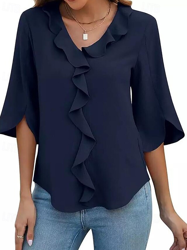 Women's Blouse Ruffle Plain Elegant Stylish Long Sleeve V