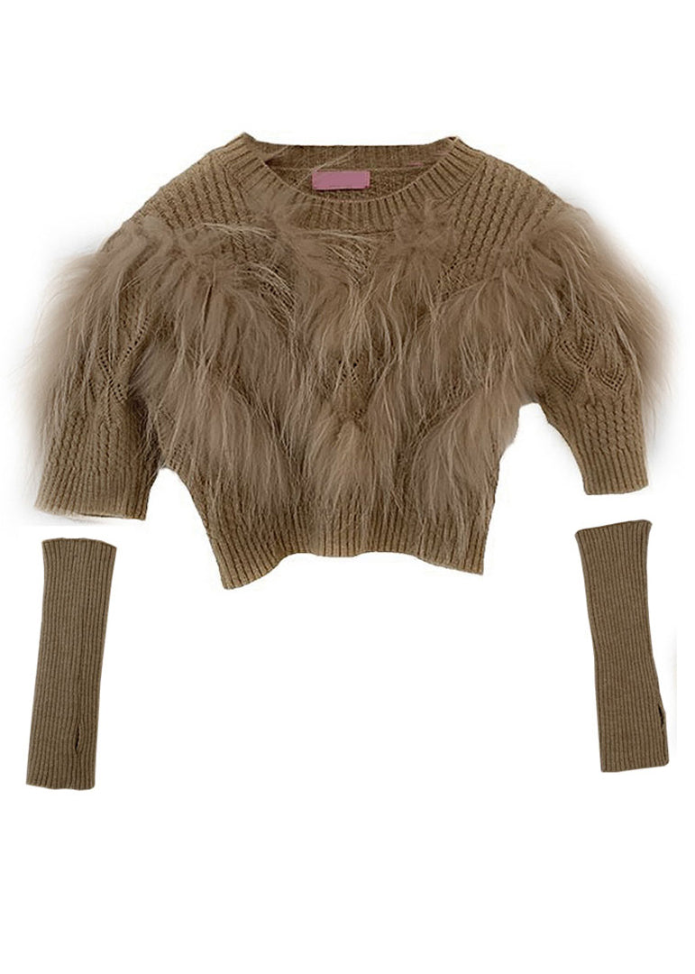 Art Khaki Leder und Pelz Patchwork Strickpullover Winter QC014