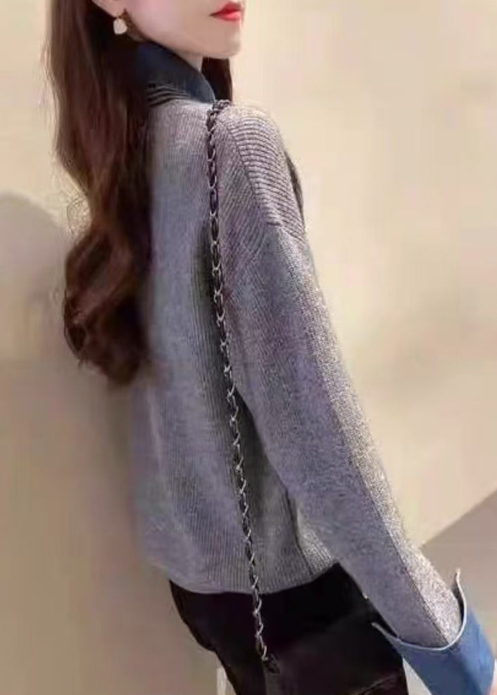 Neu Khaki Falsche Zwei Stücke Patchwork Stricken Pullover Top Herbst QC050
