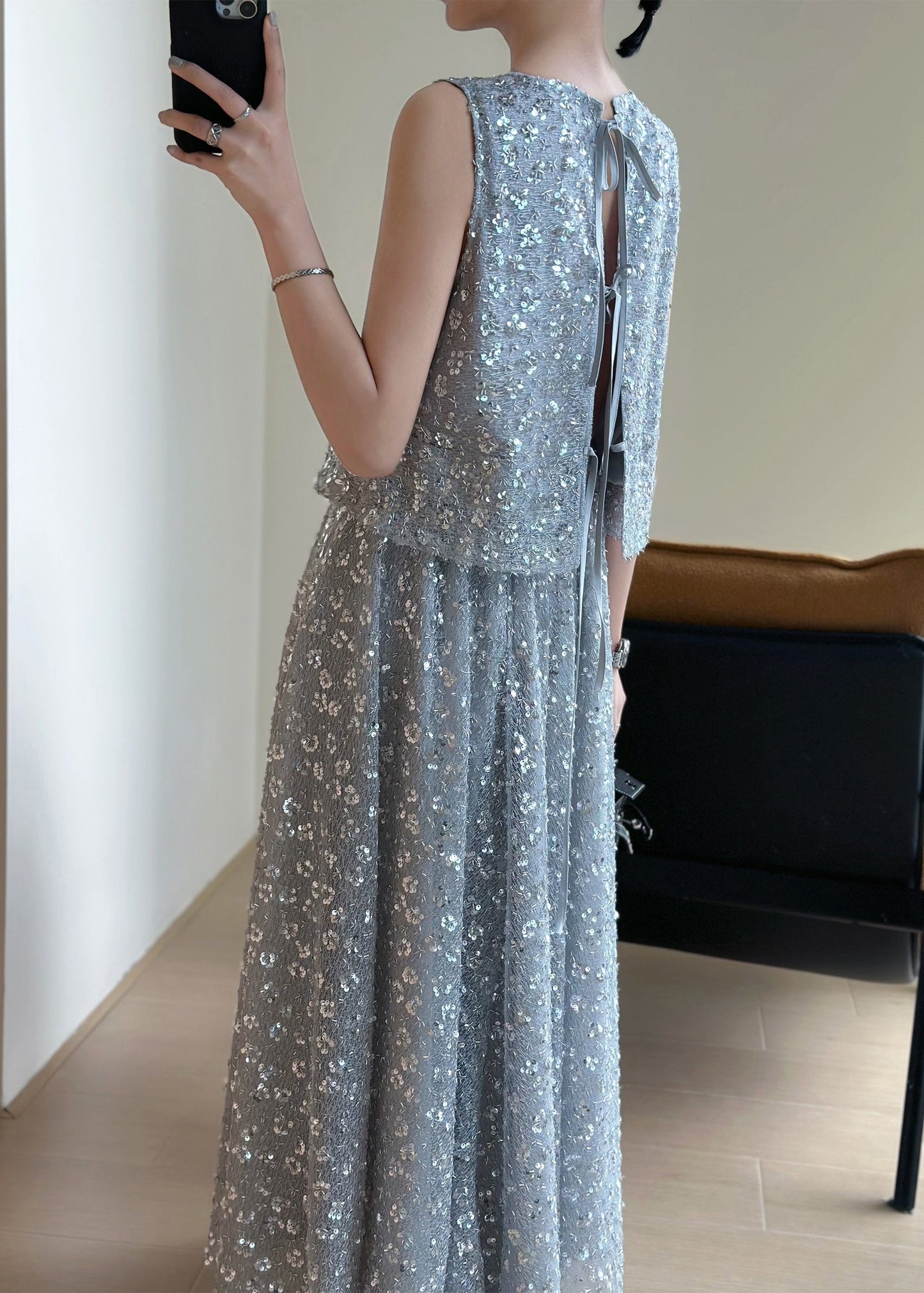 Neu Grau Lace Up Pailletten Tops und Röcke Zwei Stücke Set Ärmellos QP049