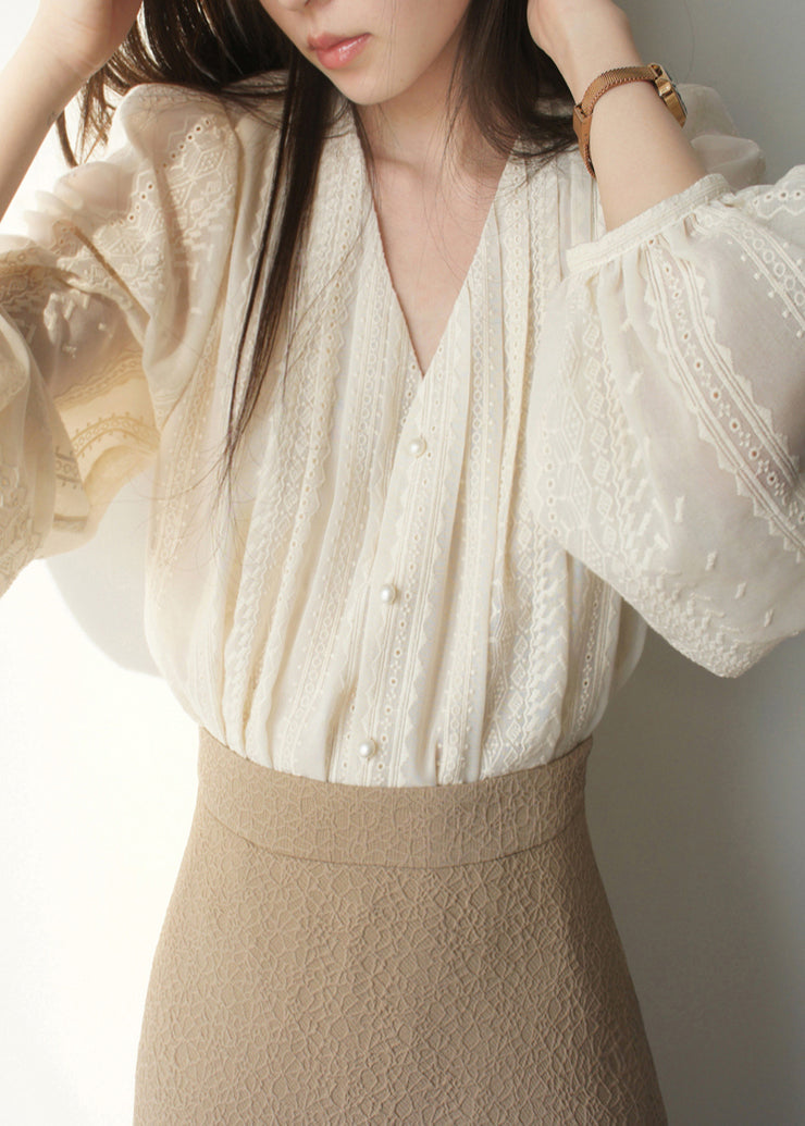 Lantern Art Embroidered Apricot Shirt Chiffon Sleeve