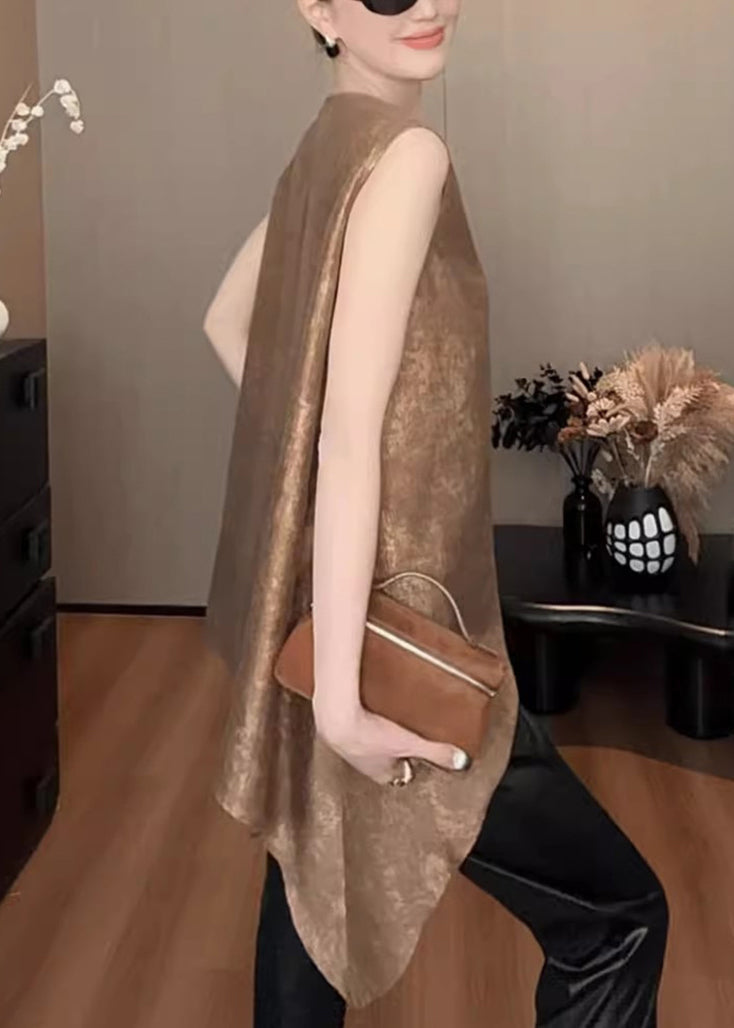 Elegantes Khakifarbenes, asymmetrisches Tanktop aus massiver Seide mit V-Ausschnitt, ärmellos, QP052