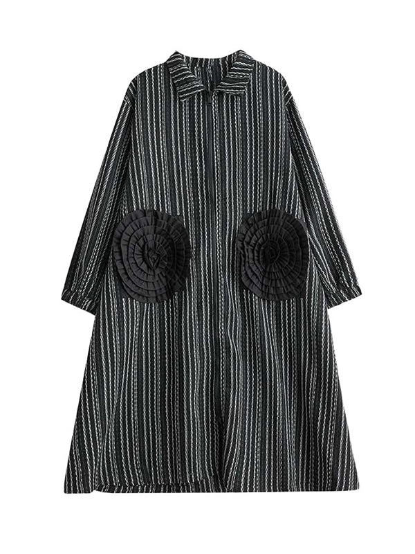 Robe noire à revers, poches fleuries, rayée, manches longues, fermeture éclair, WS010