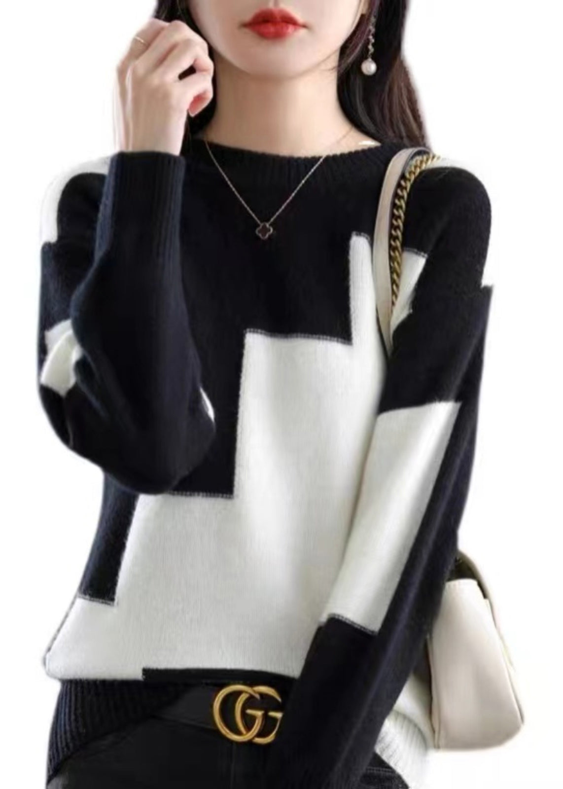 Pull en maille de cachemire épais à col rond et patchwork blanc naturel pour l'automne QP024