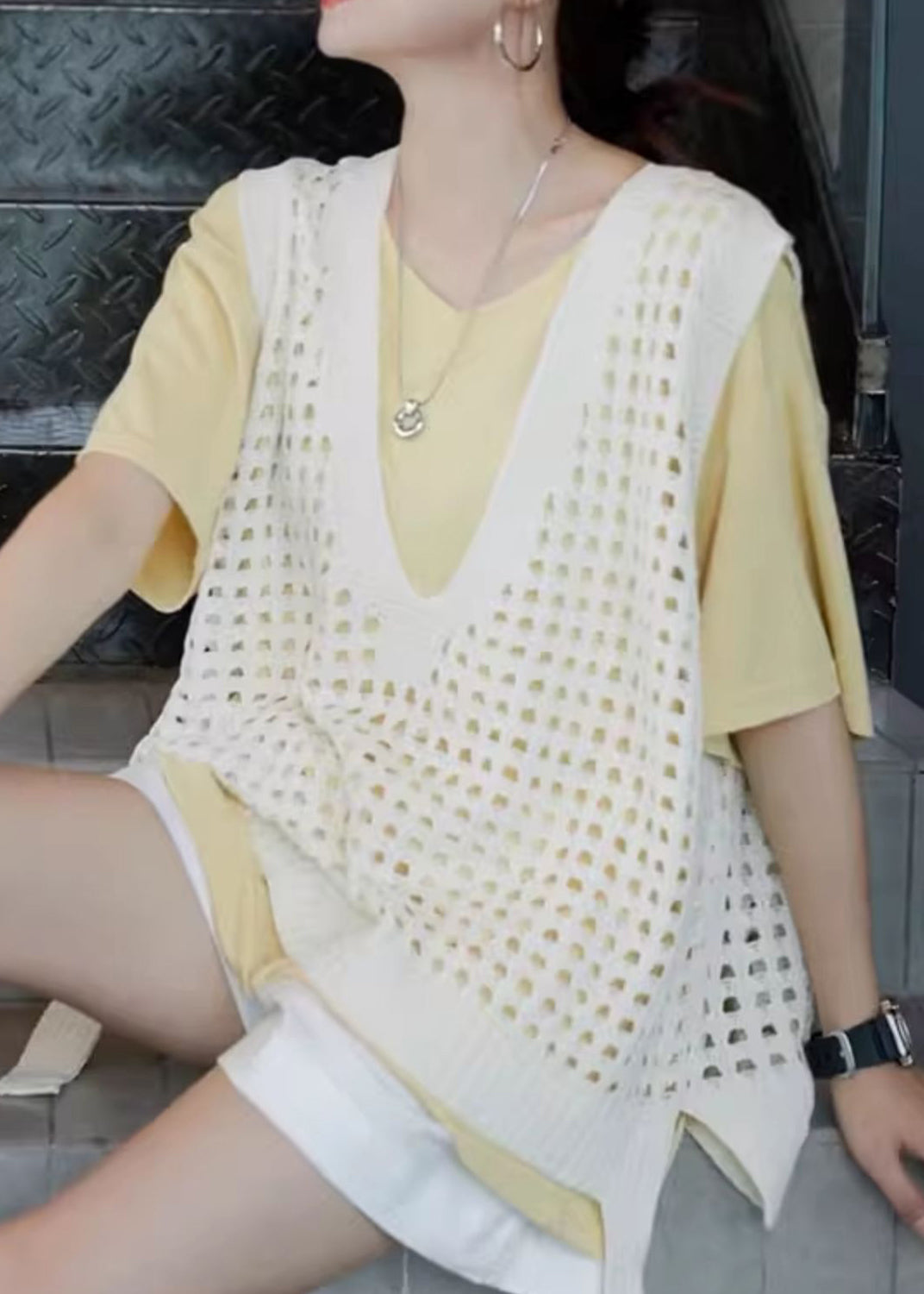 Gilet en tricot ajouré bleu français à col en V pour l'été QC035
