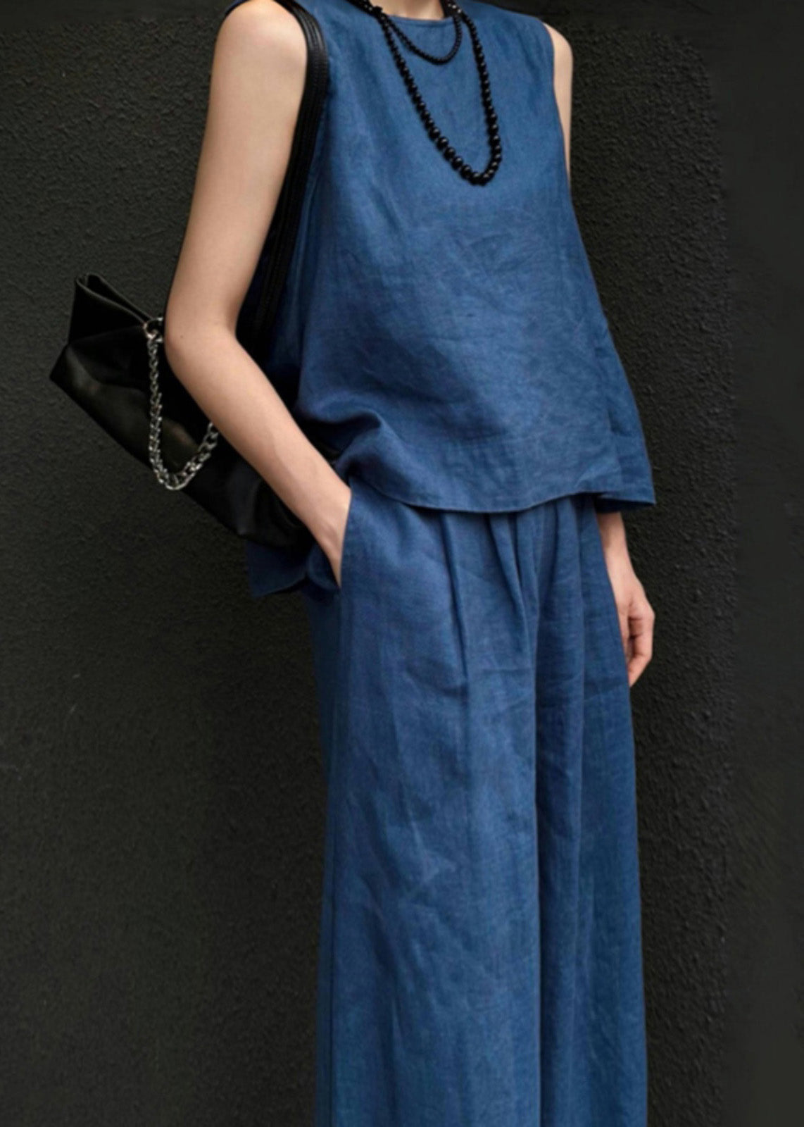 Damen Blaue Leinenweste und weite Hose Zweiteiliges Set Ärmellos AN1026
