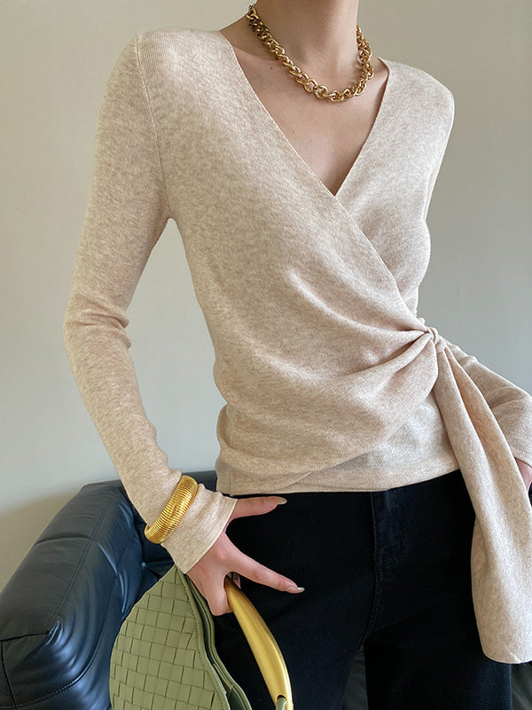 Pull asymétrique à lacets et col en V, manches longues, abricot français QX015