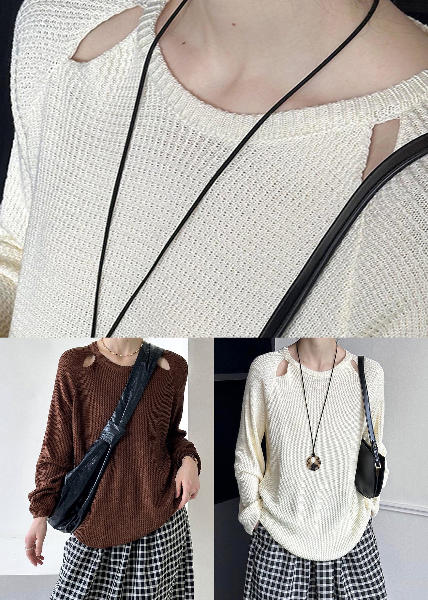 Beige Strickpullover mit Taillenbund und Rundhalsausschnitt, lange Ärmel AF1095