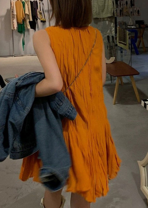 Neues, ärmelloses Midikleid aus massiver Baumwolle in Orange mit Rundhalsausschnitt QP038