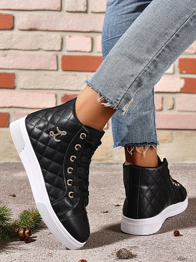 Women's White Quilted High-Top Sneakers, Fashion Lace-Up