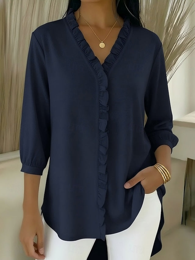 Women's Popover Shirt Casual Shirt Blouse Ruffle Solid