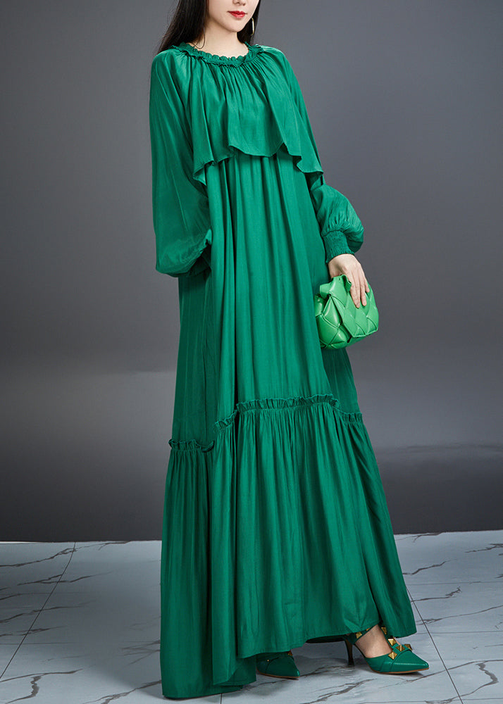 Robe longue en coton vert italien avec poches à volants et ceinture nouée Automne AJ1028