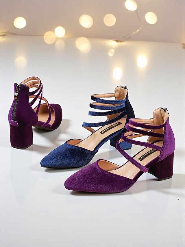 Pointed Toe Block Heel with Women's Blue Velvet Pumps