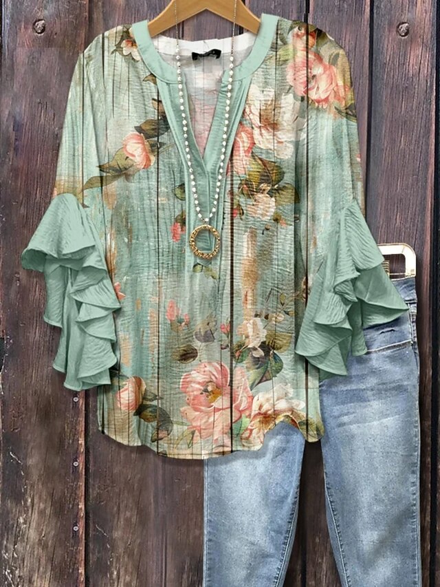 Women's Shirt Ruffle Print Floral Stylish Modern 3/4 Length