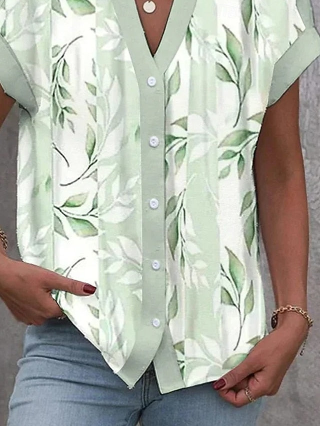 Women's Shirt V Neck Button Down Blouse Summer Tops Floral