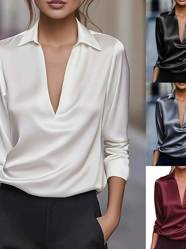 Women's Elegant Dressy Satin Top Work Shirt Patchwork Plain