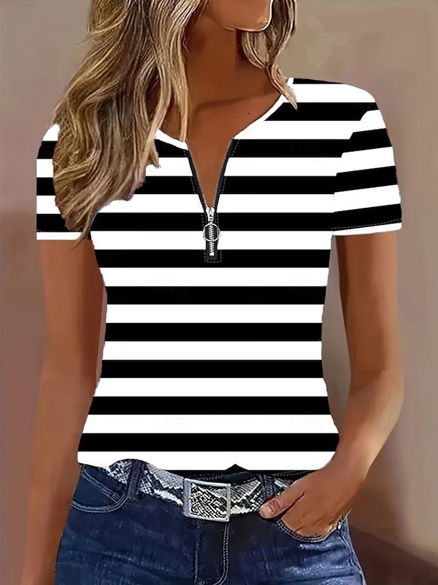 Women's T Shirt Quarter Zip Graphic Striped Tropical