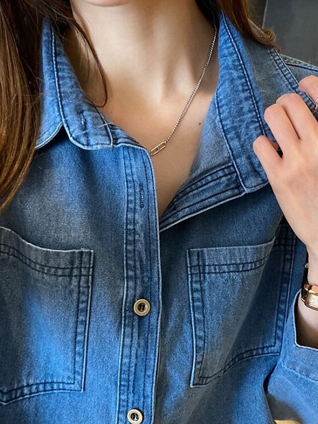 Women's Shirt Blouse Pocket Buttons Plain Casual Long