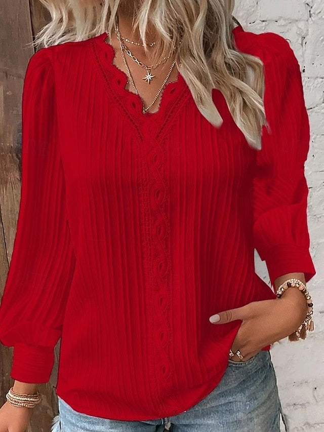 Women's Lace Shirt Blouse Lace Patchwork Solid Color