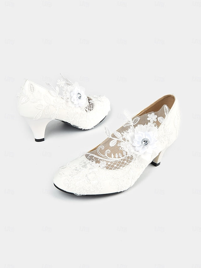 High – Shoes with Floral Heel Embellishments White Bridal Lace