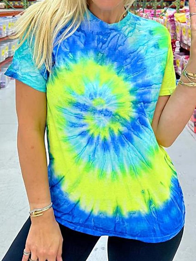Women's T Shirt Tee Tie Dye Green Short Sleeve Crew Neck