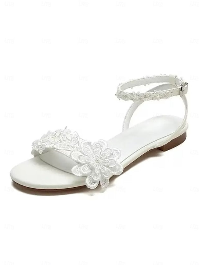White Open-Toe Block with Ankle Sandals Flats Lace Straps Floral
