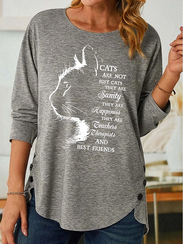 Women's T Shirt Fashion Cat Letter Print Long Sleeve